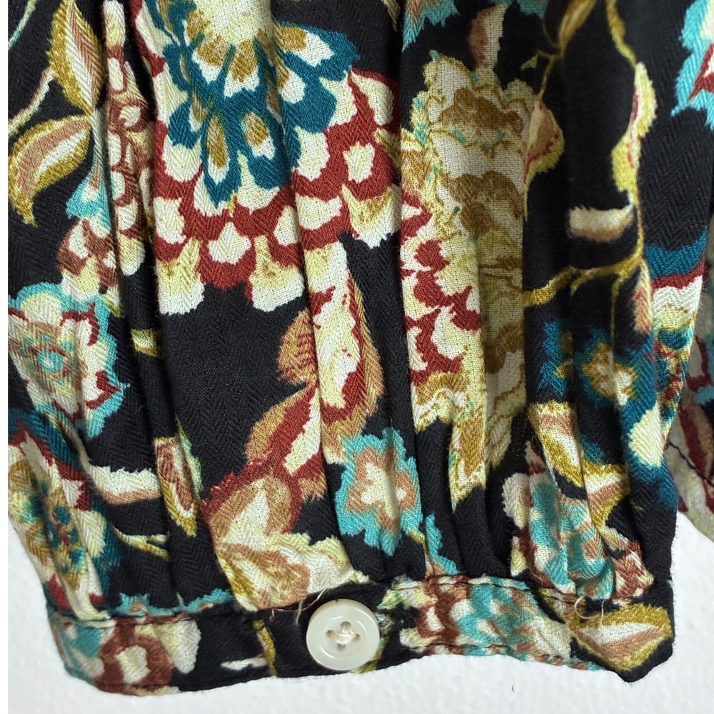 A.N.A. Black Teal Floral Boho Peasant Blouse Top L Cotton - Picture 5 of 10